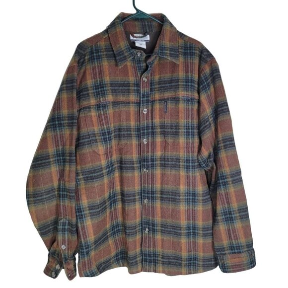 Columbia Plaid Flannel Button Down Shirt Brown Warm Mens Large Pockets - Picture 1 of 8